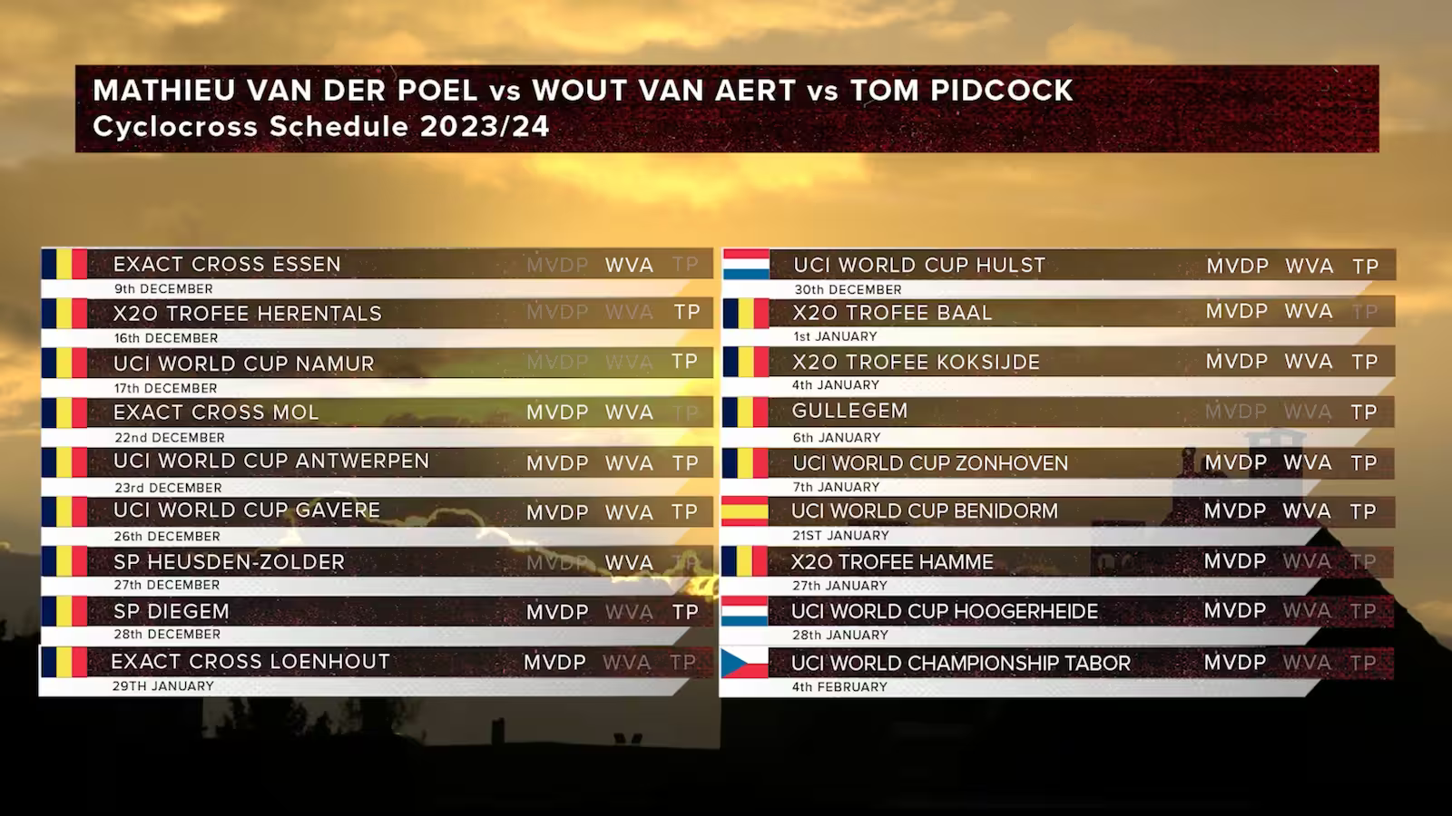 2023-24 calendar of cyclocross dates where Mathieu van der Poel, Tom Pidcock and Wout van Aert are participating